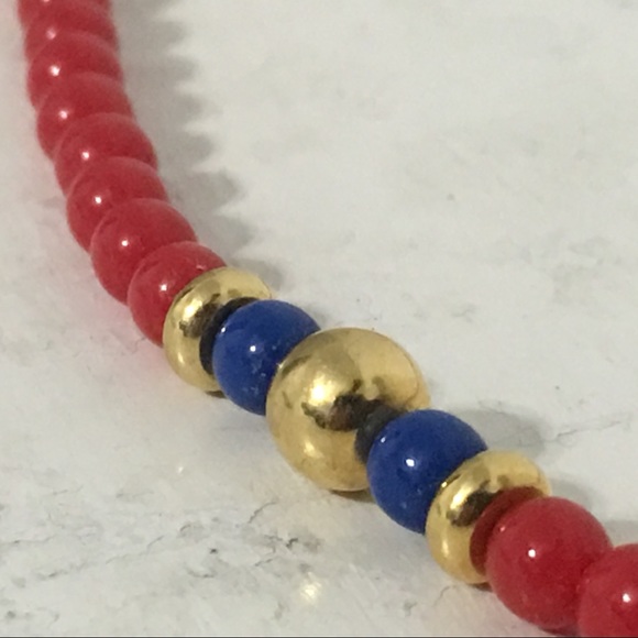80s Vintage Monet Red Blue Gold Beaded Necklace - Picture 4 of 8